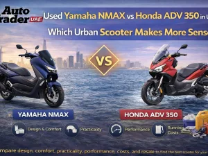 Used Yamaha NMAX and Honda ADV 350 scooters parked side by side in UAE