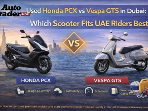 Used Honda PCX and Vespa GTS scooters parked side by side in Dubai