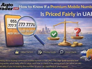 Premium mobile number concept with UAE phone and car keys on a table