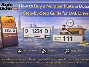 Dubai car with UAE number plate parked on city street