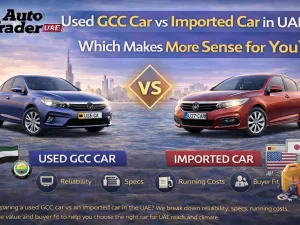 Used GCC car and imported car parked side by side in a UAE urban setting