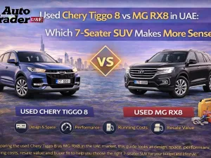 Used Chery Tiggo 8 and MG RX8 SUVs parked side by side in the UAE