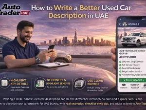 Seller typing a detailed used car description for an online listing in the UAE