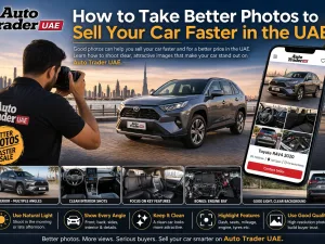 Clean used car parked in bright UAE light being photographed for online sale