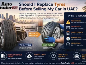 Used car in the UAE being inspected with focus on tyre condition before sale