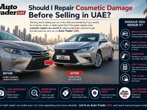Used car with minor cosmetic issues being inspected before sale in UAE