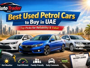 Line-up of popular used petrol cars parked under the sun in the UAE