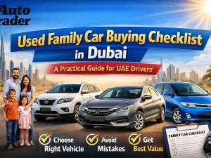 Used family SUV parked in Dubai with family loading luggage