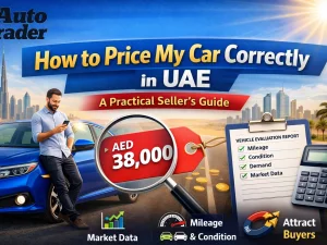 Seller checking online prices to correctly price a used car in the UAE