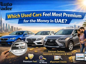 Used premium sedan interior in UAE showing leather seats and high-quality dashboard