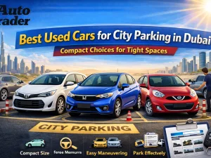 Compact used car parking in a tight Dubai city parking space