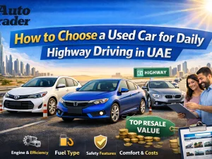 Used car driving on a UAE highway at sunset