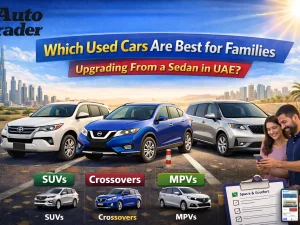 Used family SUVs and crossovers parked in a UAE residential area