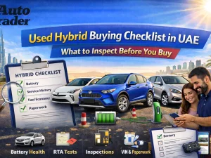 Used hybrid car parked in UAE city showing eco-friendly badge