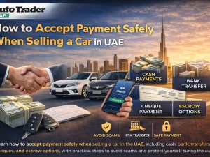 Seller and buyer completing a safe car payment transaction in the UAE
