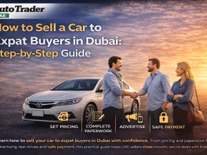 Seller handing car keys to an expat buyer in Dubai with city skyline in the background
