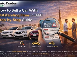 Seller at UAE traffic center checking outstanding car fines before ownership transfer