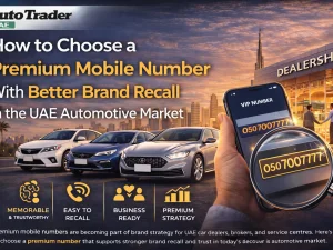 Car dealership in the UAE displaying a premium mobile number on showroom signage
