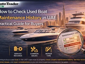 Used boat in a UAE marina being inspected for maintenance history