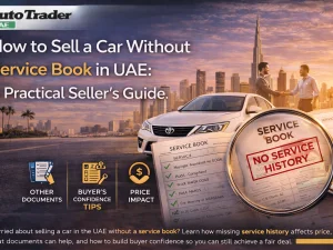 Seller in the UAE showing used car documents to a buyer despite missing service book