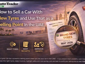 Used car with new tyres highlighted as a selling point in the UAE
