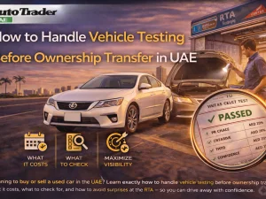 RTA technician inspecting a used car before ownership transfer in the UAE