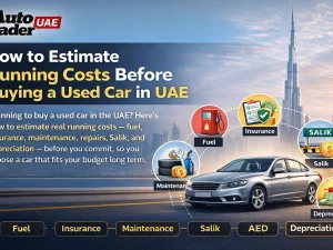 Calculator, fuel receipt, and car key on a desk representing estimation of used car running costs in the UAE