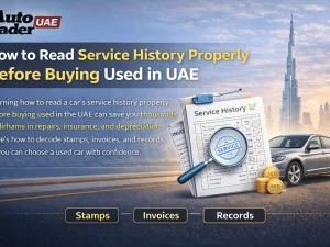 Buyer reviewing used car service history documents before purchase in the UAE