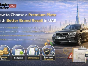 Premium UAE car number plate on a luxury vehicle, used as a branding tool