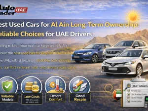 Used cars suitable for long-term ownership in Al Ain parked on a desert highway in the UAE