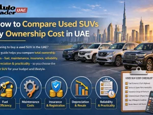 Used SUVs parked in a UAE city showing different sizes and models for ownership cost comparison