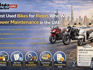 Used commuter motorcycle parked in UAE city street, chosen for low maintenance