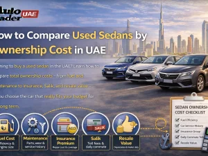Used sedans parked in UAE city showing different ownership costs