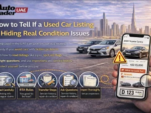 Buyer reviewing a used car listing on a laptop and checking the vehicle in person