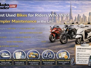Used motorcycles parked in a UAE urban setting, representing easy-maintenance bikes