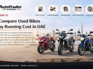 Used bikes parked in UAE ready for buyers comparing running costs
