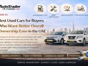 Row of practical used sedans parked in the UAE, representing cars with easy long-term ownership