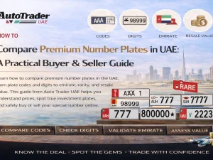 Premium UAE number plate on a luxury car parked in an urban setting