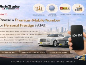 Prestigious UAE man holding smartphone with premium mobile number next to luxury car