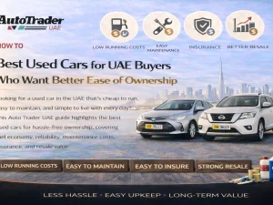 Popular used cars in the UAE chosen for easy, low‑cost ownership parked in a modern city setting