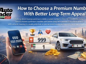 Premium UAE car plate with distinctive number on a luxury car