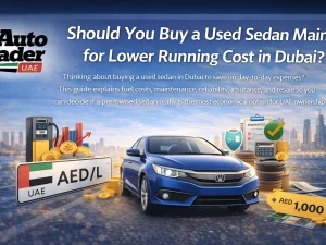 Used sedan driving on a Dubai road, representing low running cost ownership