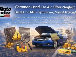 Mechanic inspecting a dusty engine air filter on a used car in the UAE