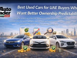 Used cars parked in a UAE city with clear skies, representing predictable ownership choices