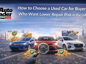 Used cars parked in UAE showroom with mechanic inspecting one vehicle
