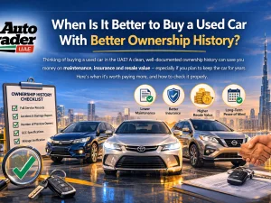 Used car buyer in the UAE reviewing service and ownership history before purchase