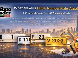 Luxury car in Dubai with a distinctive number plate parked in city skyline