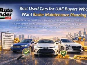 Used compact sedans parked in a UAE city, ideal for easy maintenance planning