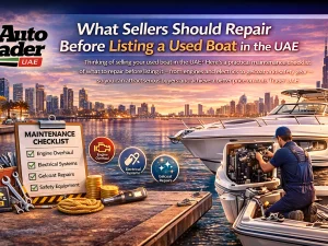 Used boat prepared for sale at a UAE marina after essential repairs and detailing