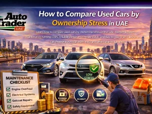 Used cars parked in a UAE city, illustrating comparison of ownership stress